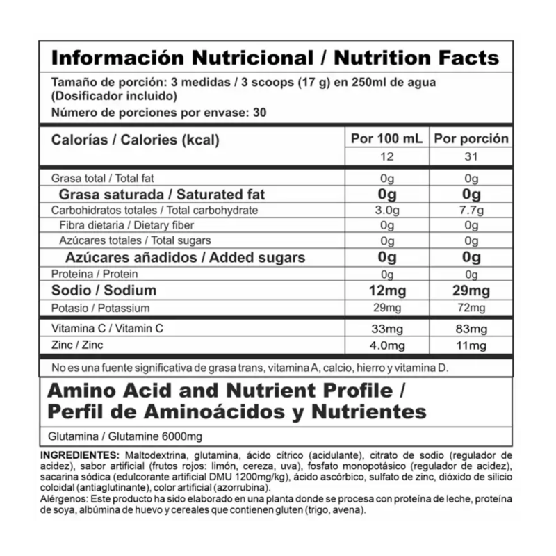 Información nutricional Gluta stack